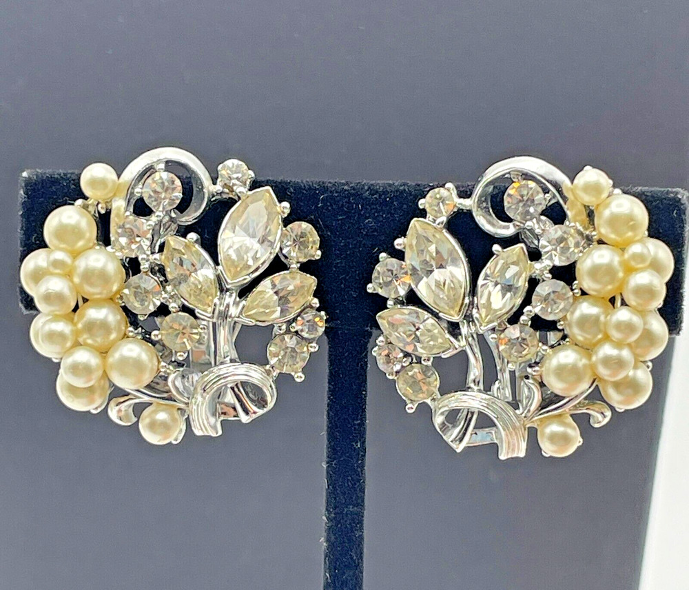 Vintage Silver Tone Floral Rhinestone Pearl Cluster Clip On Earrings Signed STAR